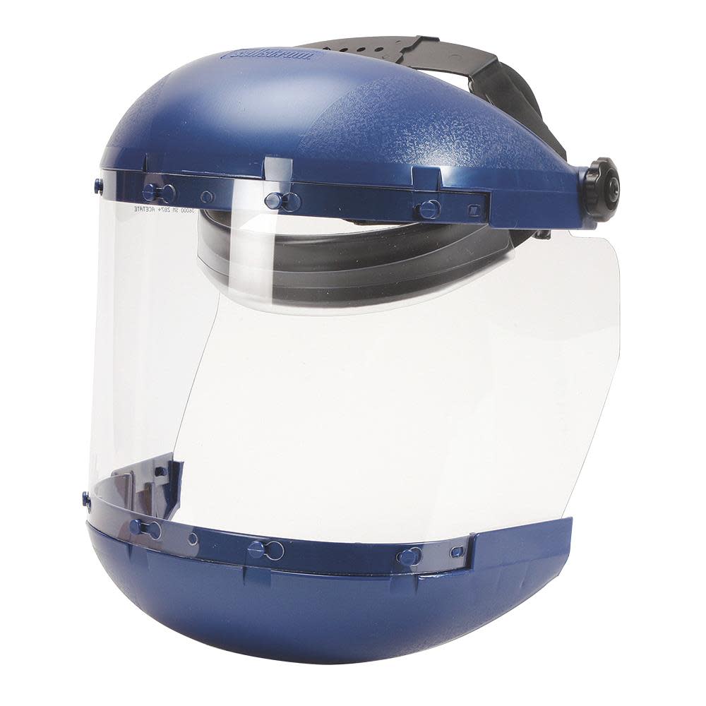 Dual Crown Safety Face Shield with Ratchet Headgear， Clear Tint， Uncoated， Blue Crown