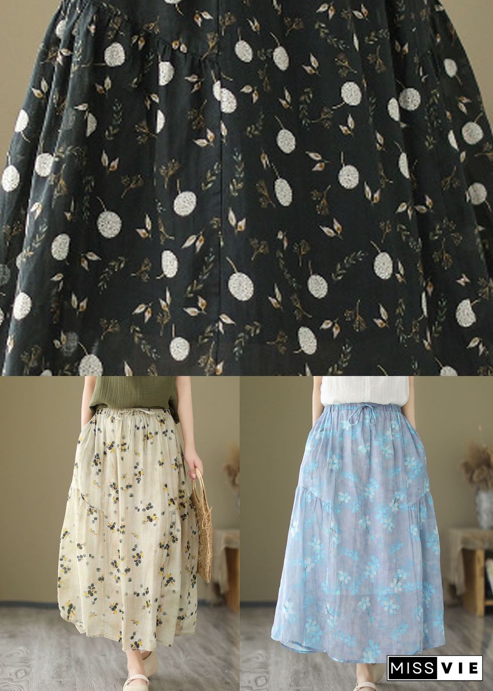 Italian Light Blue Wrinkled Print Elastic Waist Linen Skirt Summer