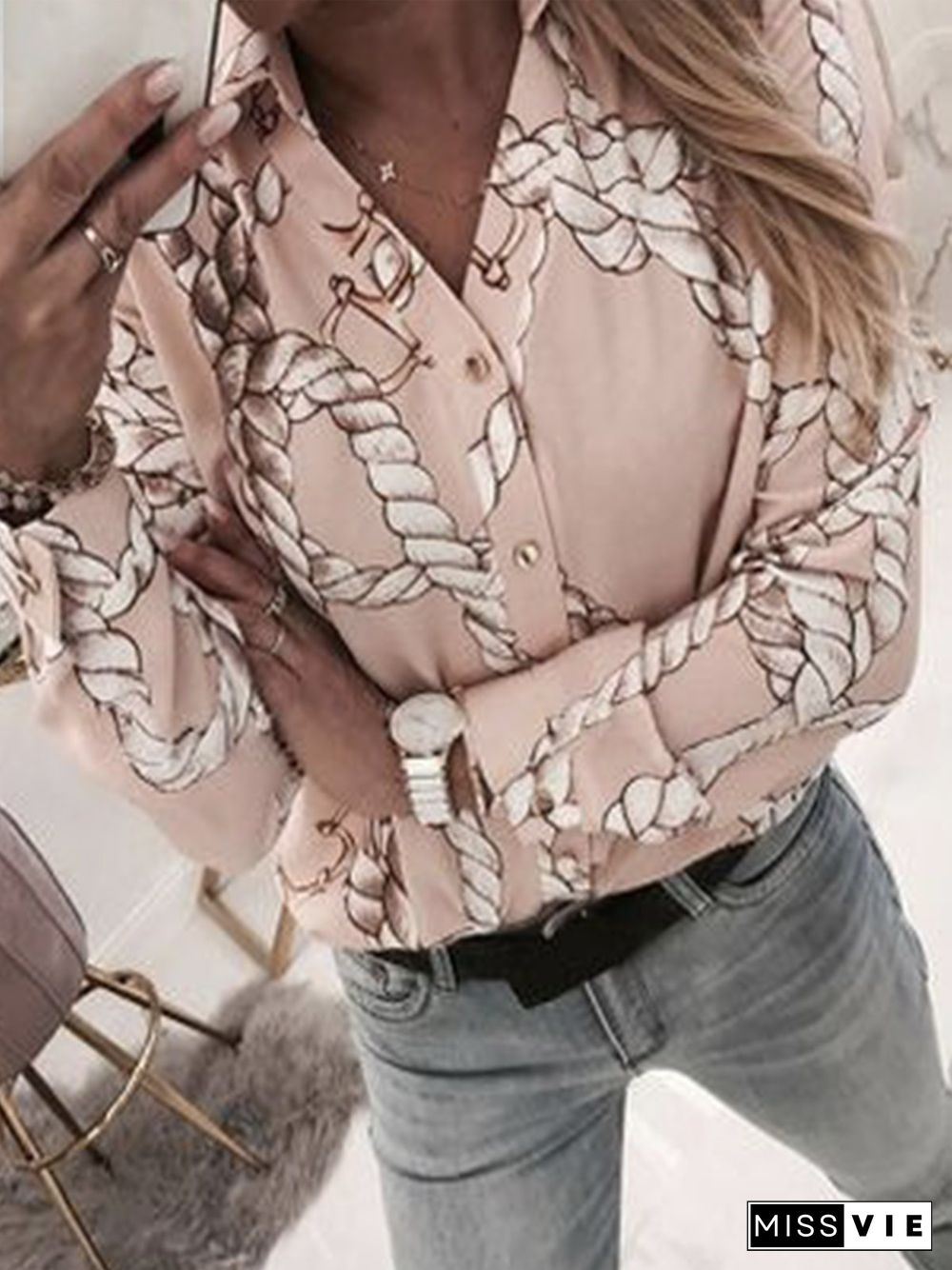 Abstract Long Sleeve Buttoned Plus Size Casual Shirts