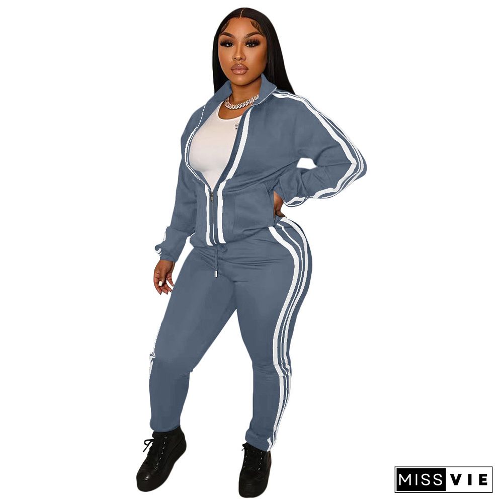 Side Striped Zip Sporty Jacket Two Piece Pants Set