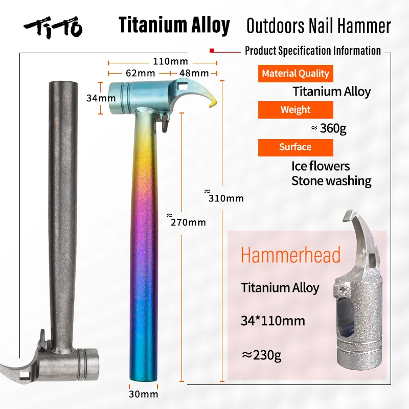 TiTo Multifunctional Tool Titanium oy Hammer Camping Accessories Hammer Survival  Tent Pegs Stake Mallet with Stake Pulle