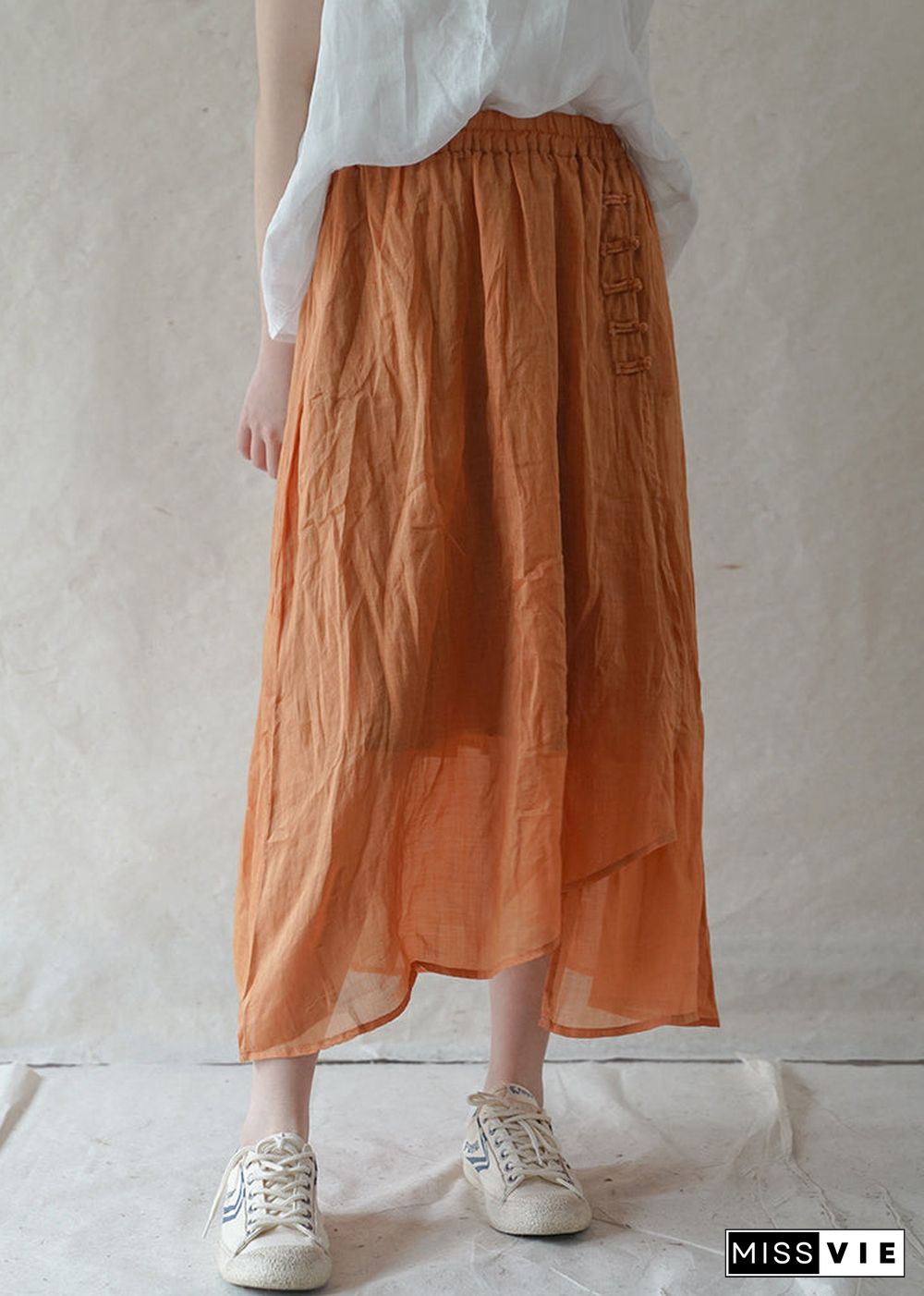 Style Orange elastic waist button Asymmetrical Linen Skirts Spring