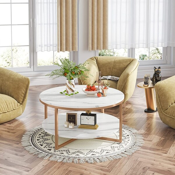 TwoTier Round Faux Marble Modern Coffee Table with Metal Legs and Open Storage Shelf for Living Room，White Gold