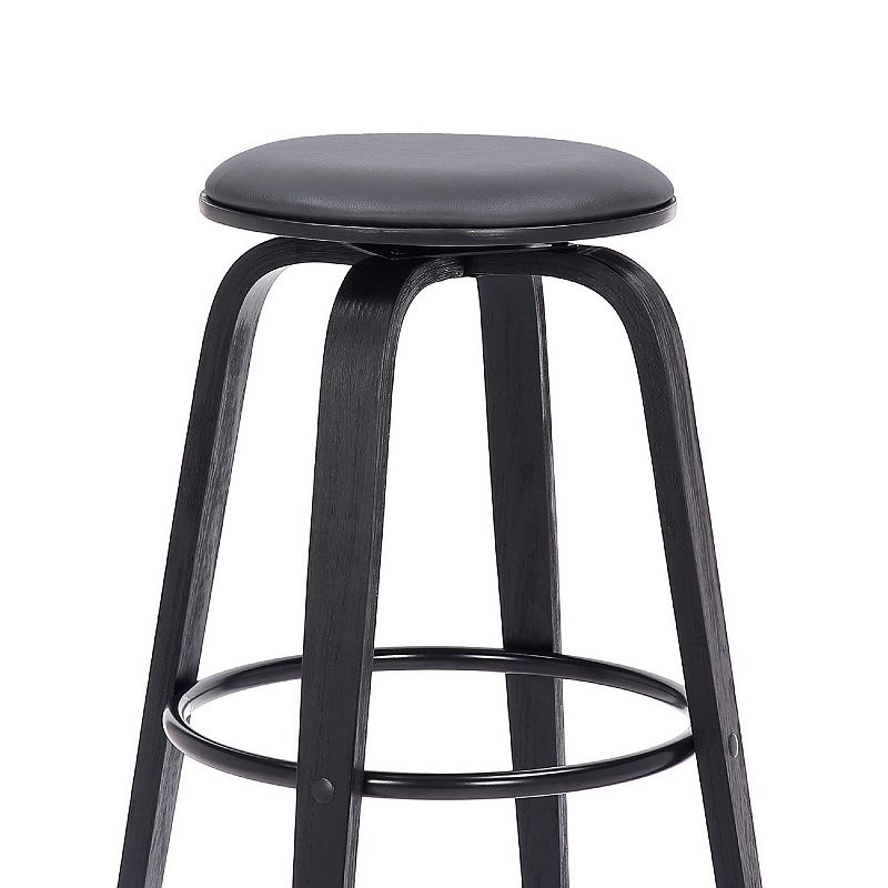 30 Inch Swivel Bar Stool， Wood and Vegan Faux Leather， Gray