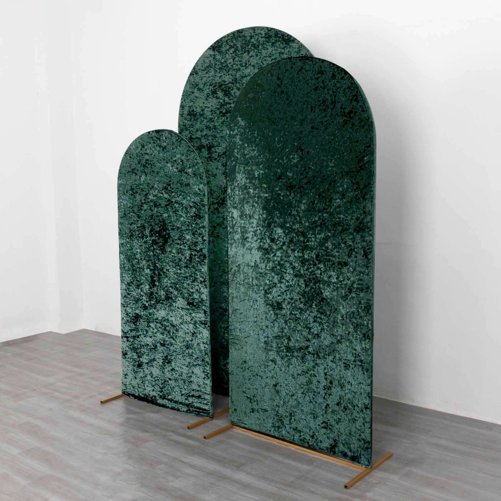 Set of 3 Hunter Emerald Green Crushed Velvet Chiara Wedding Arch Covers For Round Top Backdrop Stands 5ft, 6ft, 7ft