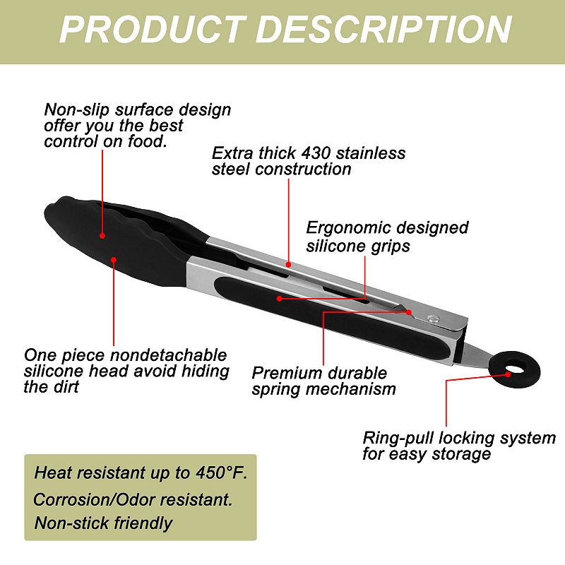 Stainless Steel Kitchen Tongs Silicone Tipped BBQ Cooking Tongs 9