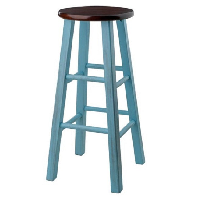 29” Rustic Light Blue Round Counter Barstool with Walnut Seat