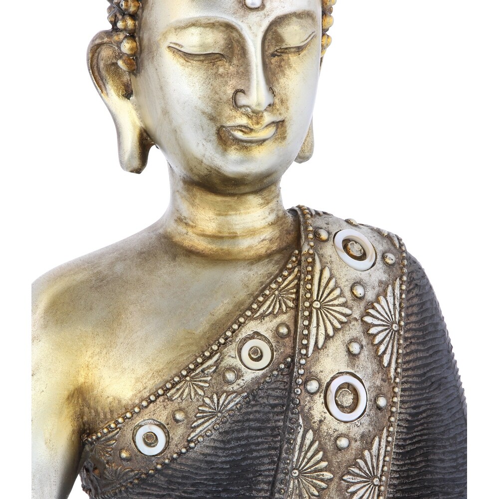 Brass Polystone Bohemian Buddha Sculpture with Engraved Carvings and Relief Detailing   12 x 6 x 16