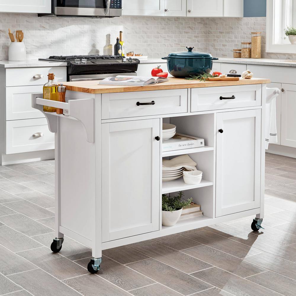 Home Decorators Collection Rockford White Rolling Kitchen Cart with Butcher Block Top and Double-Drawer Storage (56