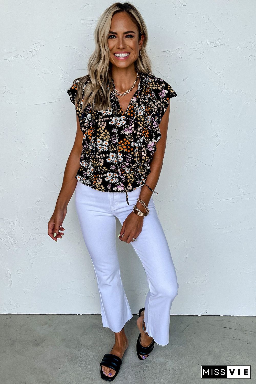 Black Floral Print Ruffle Drawstring V Neck Blouse