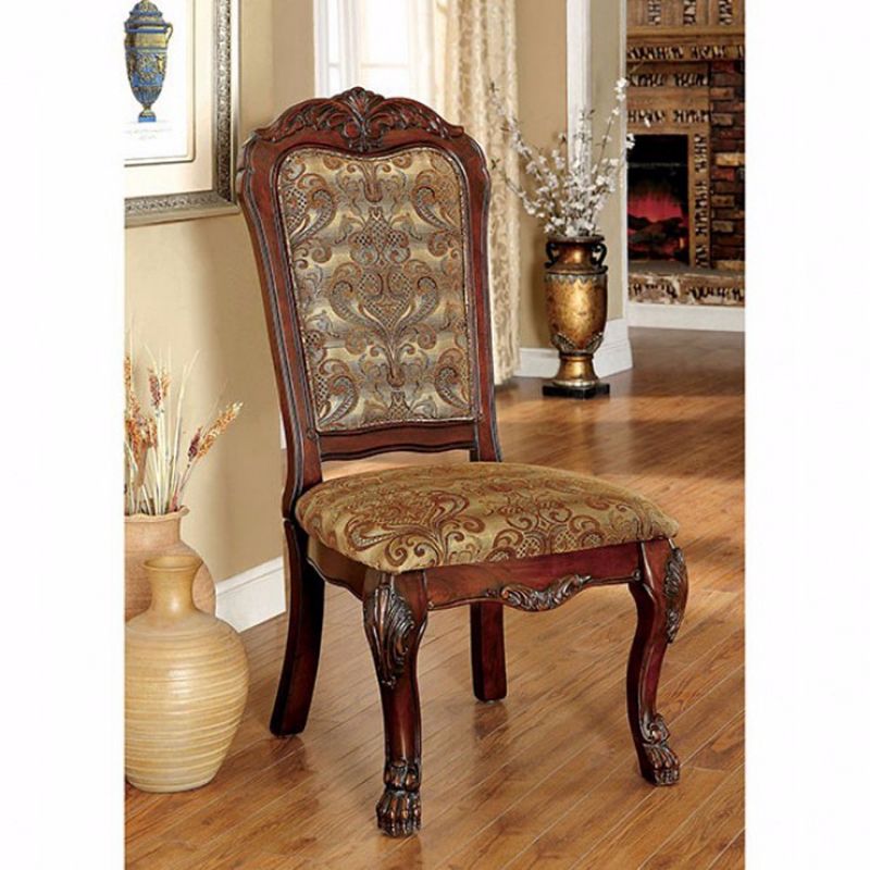 Fabric Padded Side Chairs with Wooden Claw Feet， Set of 2， Cherry Brown