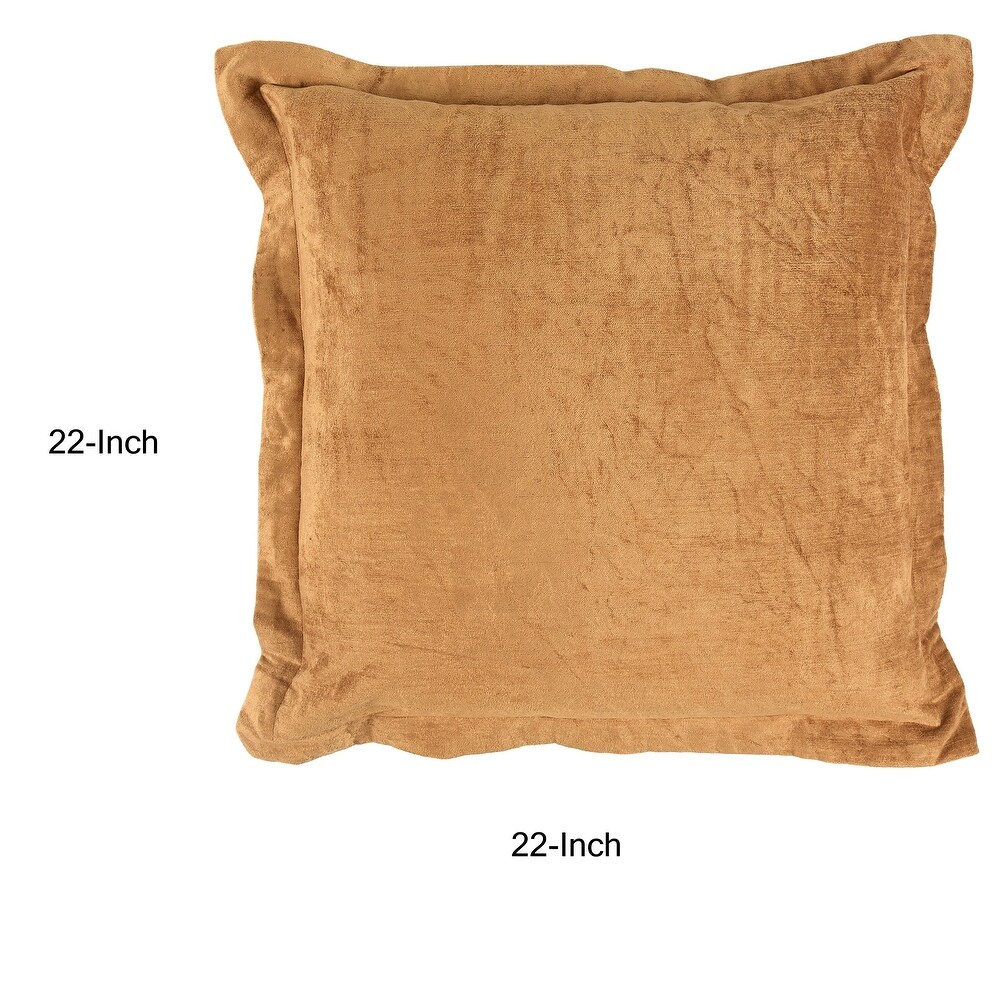 Brad 22 Inch Square Velvet Decorative Throw Pillow  Flanged  Harvest Gold