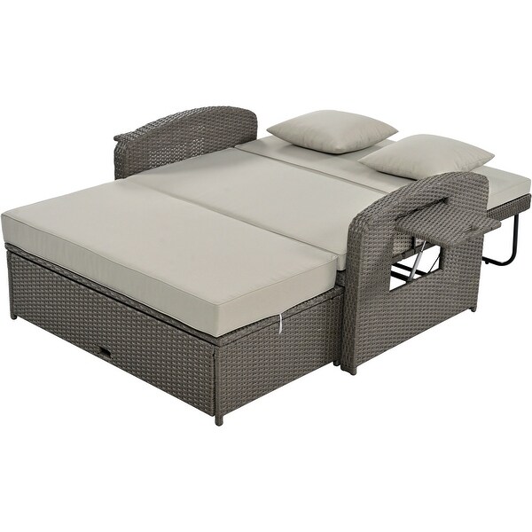 Modern Convertible Cushioned Sofa Bed Outdoor Rattan Wicker 2person Chaise Lounge with Adjustable Backrest and Holder Board