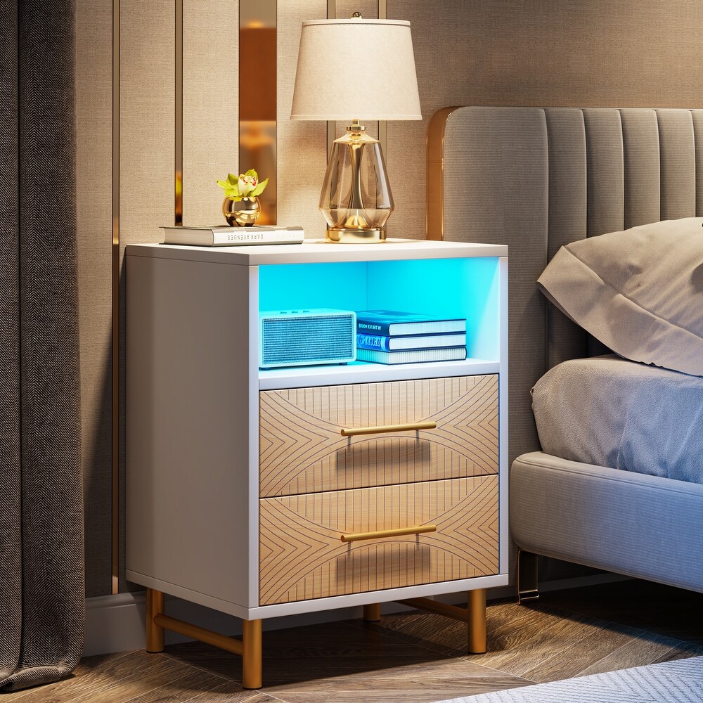 LED White Nightstand Bedside Table with 2 Drawers