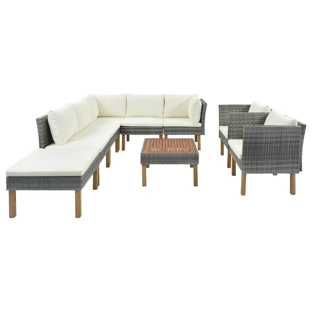 9pc Wicker amp Acacia Wood Patio Conversation Set With Cushions Beige Godeer