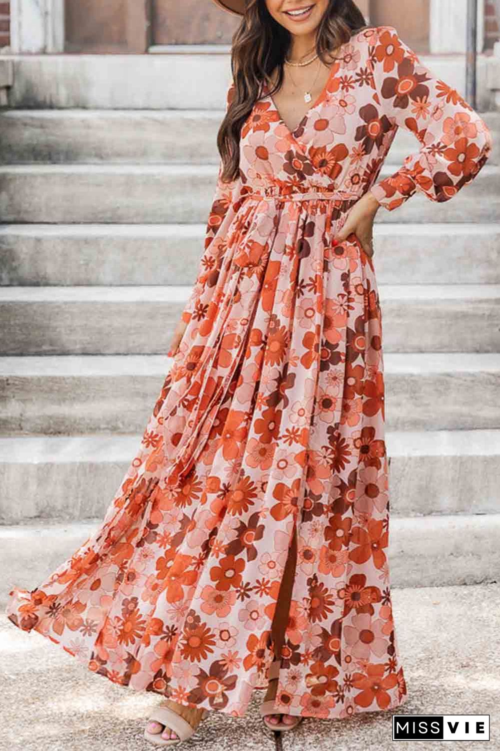 Orange Floral V-Neck Long Sleeve Belted Maxi Dress