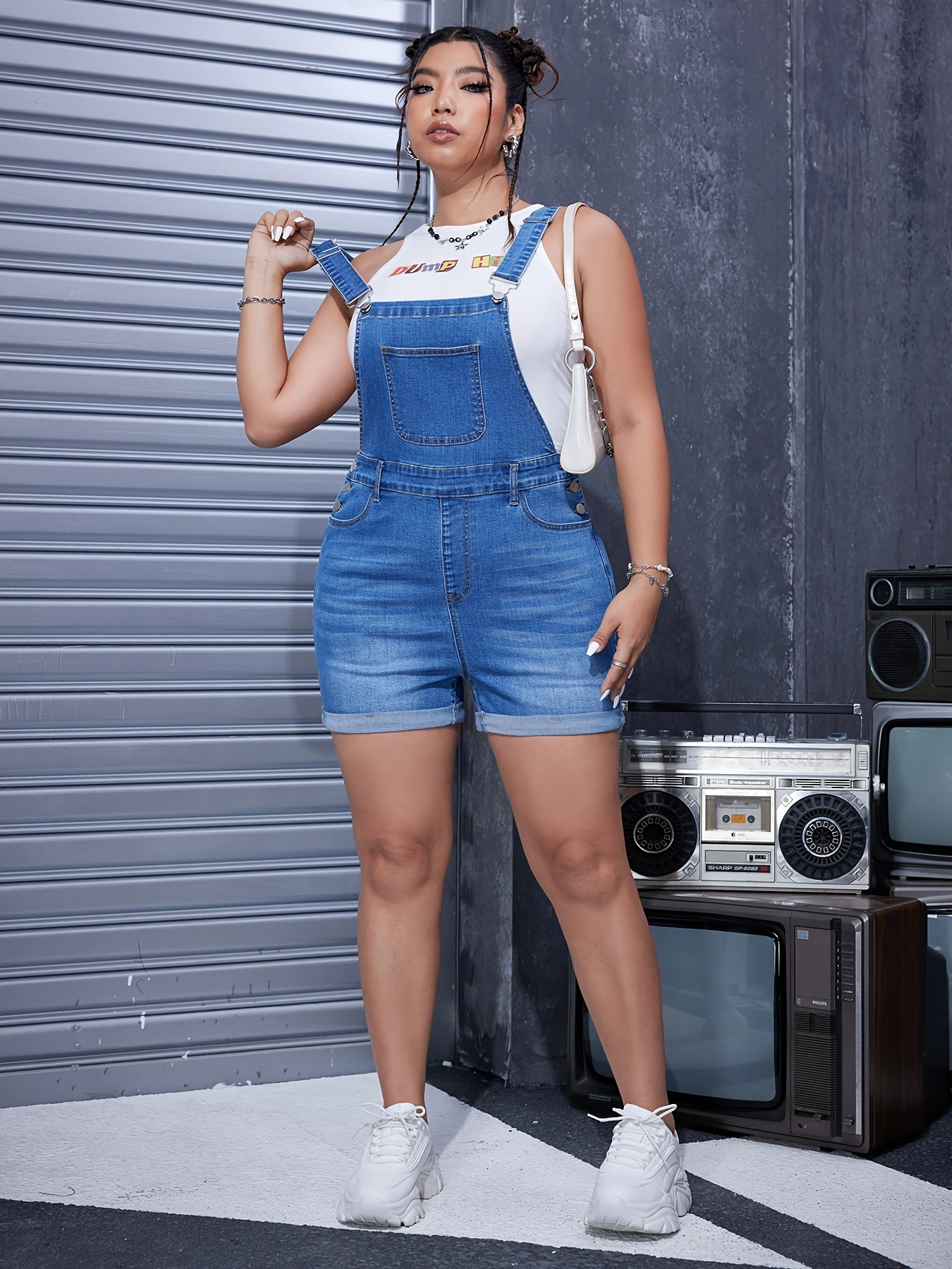 Plus Size Womens Off the Shoulder Denim Romper Shorts - Adjustable Strap, Pockets, Medium Stretch, Solid Color, Casual Summer Streetwear with Sleeveless Design