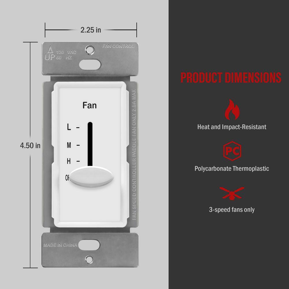 ENERLITES 2.5 Amp 3-Speed In Wall Ceiling Fan Control in with Slide Switch in White with Wall Plates (3-Pack) 17000-F3-WWP3P