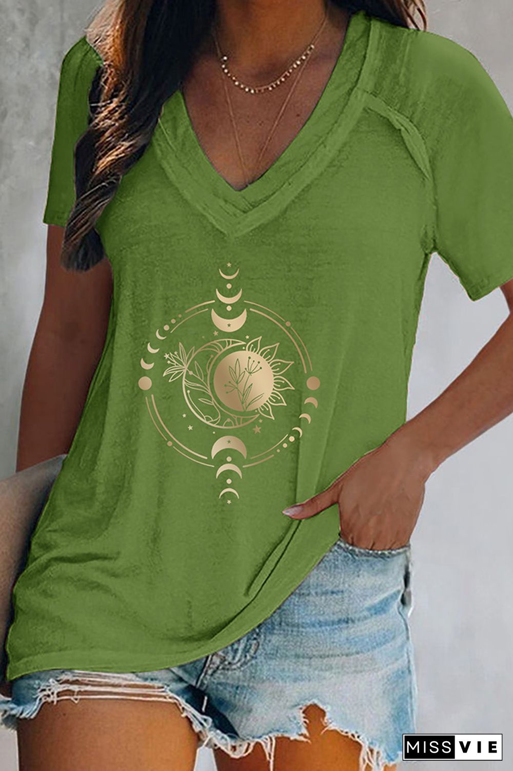 Sun And Moon Print V Neck Graphic Tee