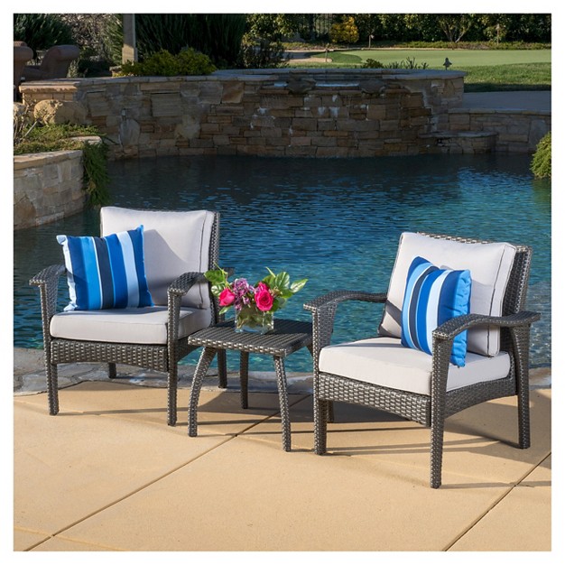 Honolulu 3pc Wicker Patio Chat Set With Cushions Gray Christopher Knight Home