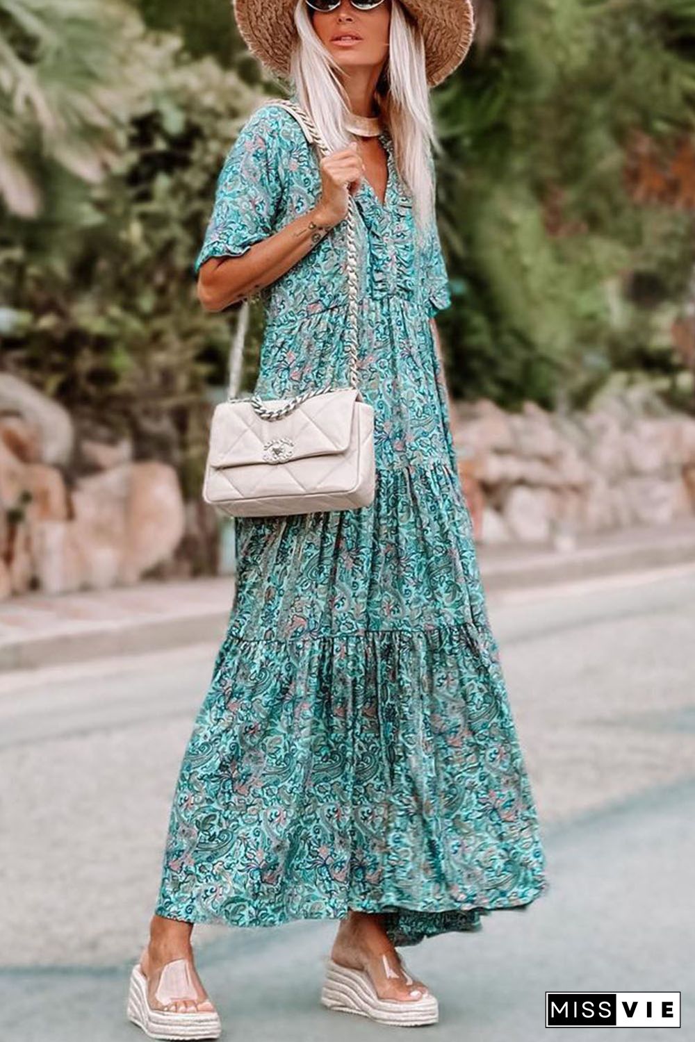 Sky Blue Paisley Print Boho Holiday Ruffle Tiered Maxi Dress