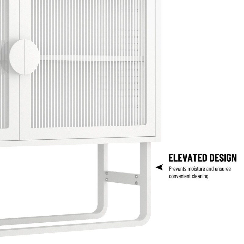 Stylish Tempered Glass Cabinet with 2 Fluted Glass Doors and Adjustable Shelf U shaped Leg