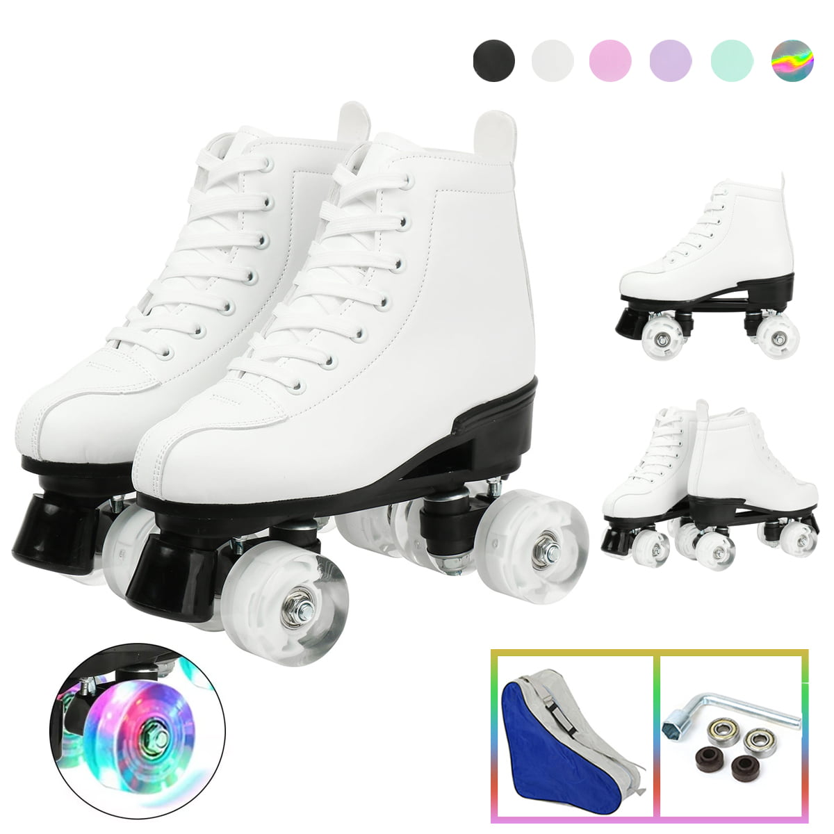 Classic White Roller Skates High-Top Adult Roller Skates Double-Row Shiny Wheels Shoes for Men Women Professional Outdoor and Indoor Skates， 7