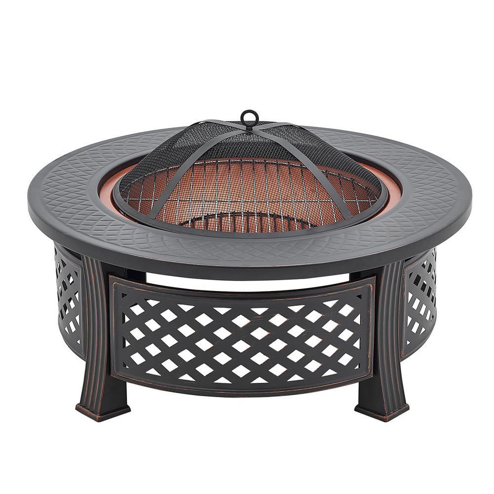 Barton 32 in x 18 in Round Outdoor Firebowl Iron Wood Burning Fire Pit with BBQ Cooking Grill Poker and Mesh Cover