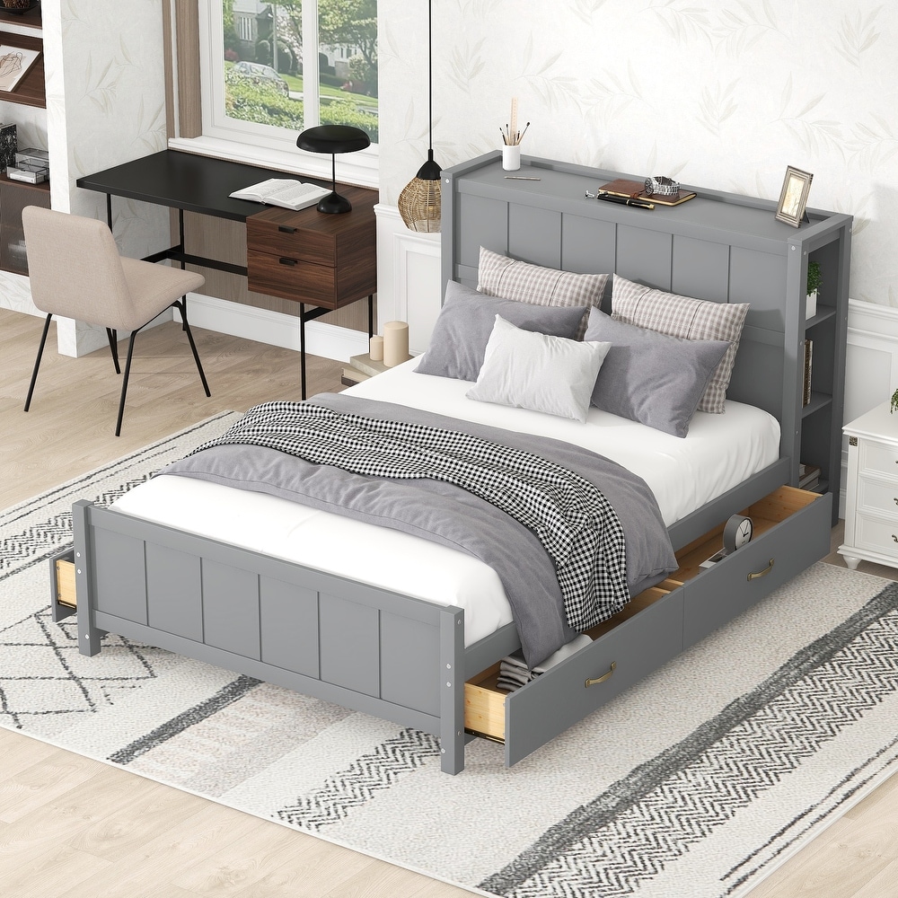 Full Size Platform Bed with Drawers and Storage Shelves  Gray