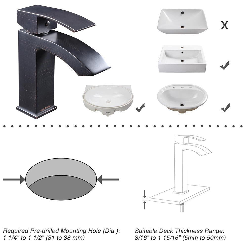 Aquaterior Bathroom Faucet Single Hole Square 1-Handle Cold Hot 7