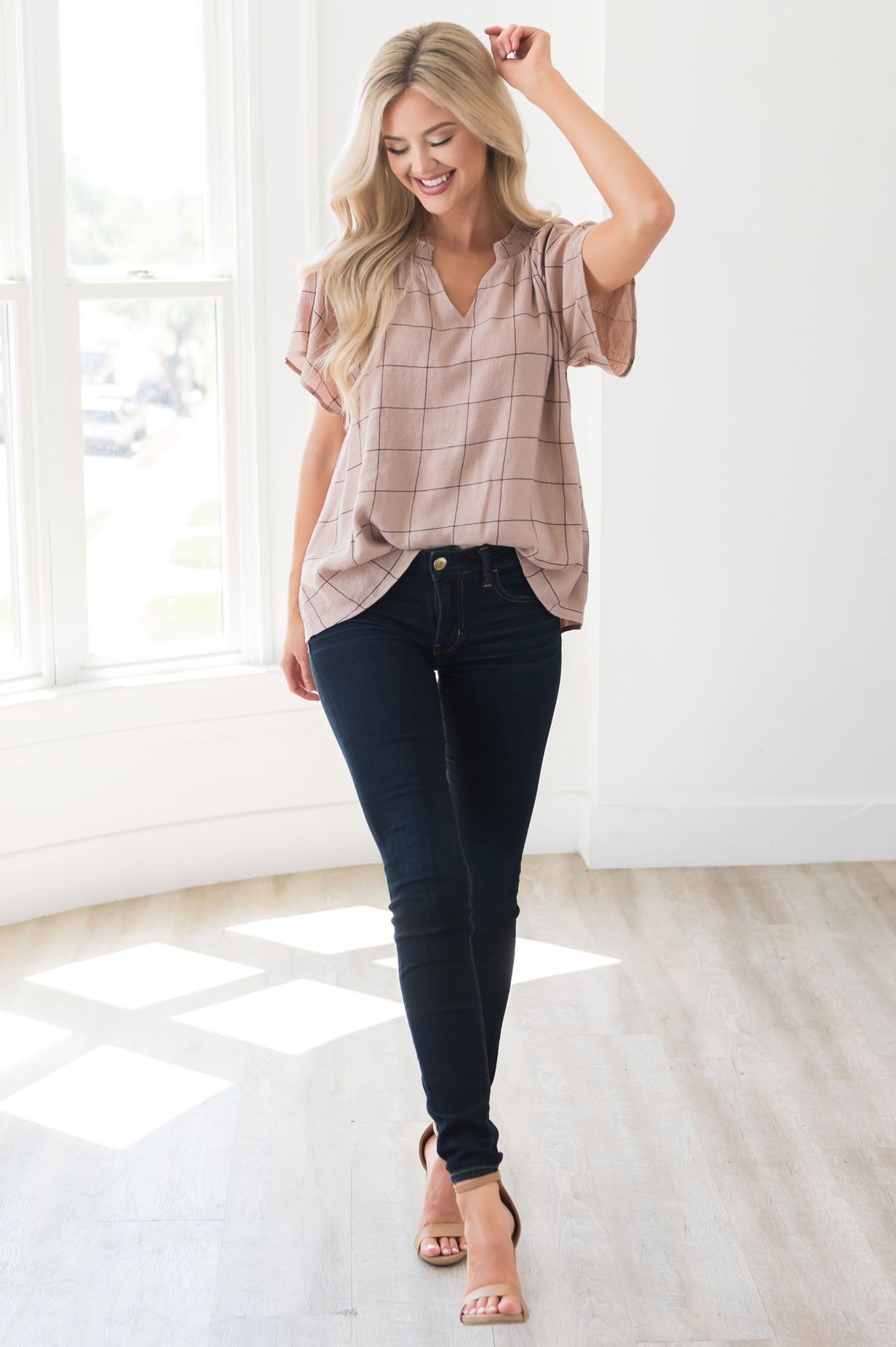 Nine to Five Modest Windowpane Blouse