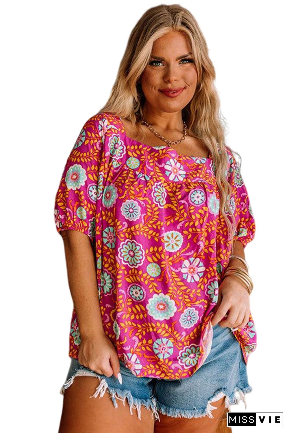 Rose Plus Size Floral Print Tie Back Blouse