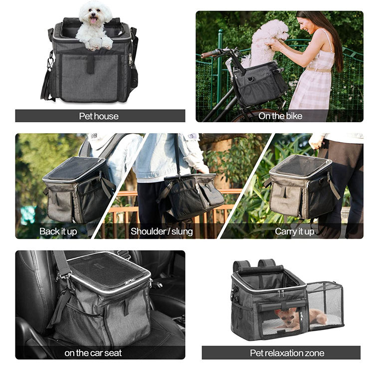 New Trend  Removable Polyester Large Capacity  Pet Bag Bike Dog Basket Carrier With 2 Foldable Feeding Bowls