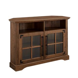 Welwick Designs 44 in. Natural Walnut Wood and Glass Transitional Farmhouse Window Pane Door Corner TV Stand Fits TVs up to 50 in. HD9055