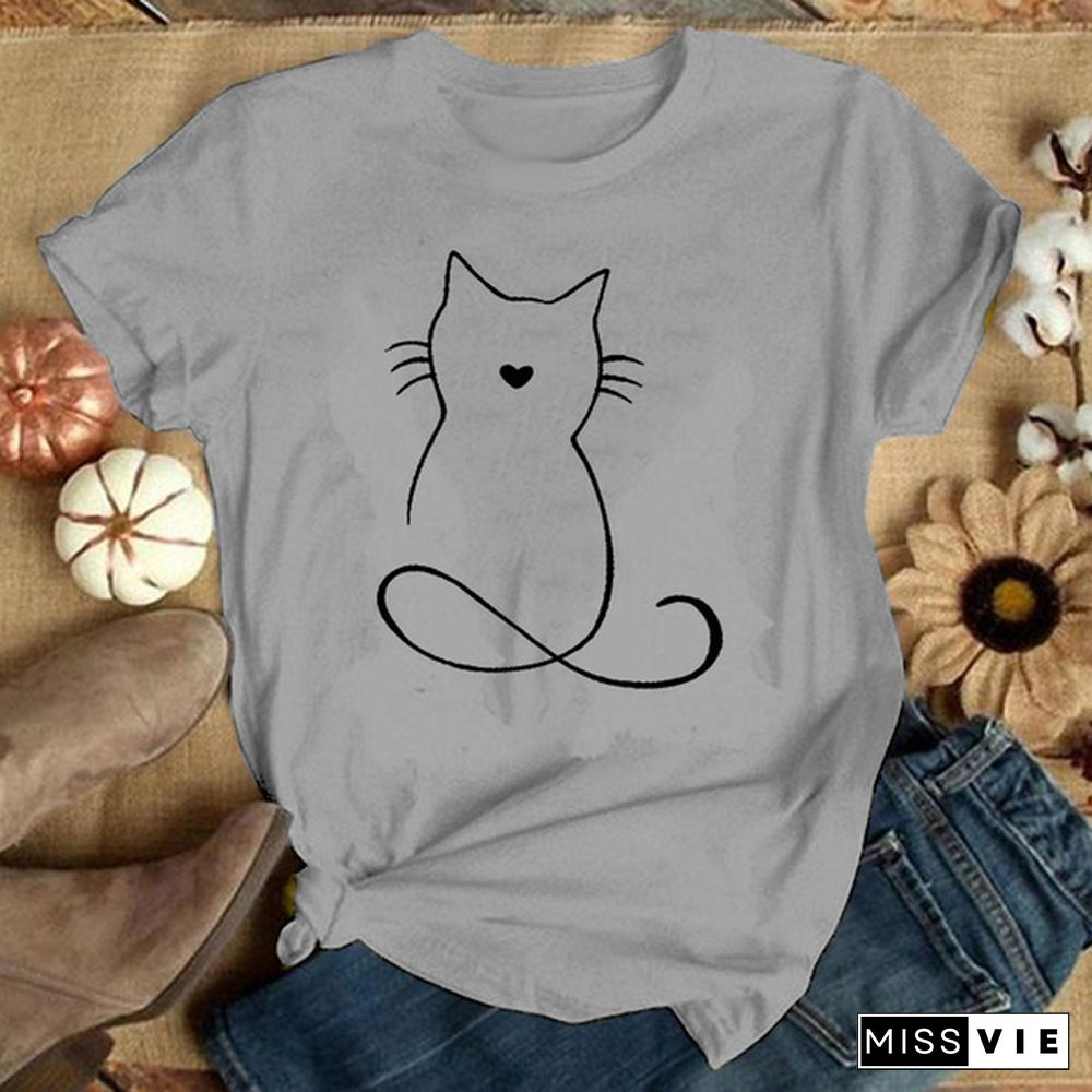 Women Graphic Cat Lovely Animal Fashion Short Sleeve Spring Summer Cartoon Print Female Clothes Tops Tees Tshirt T-Shirt