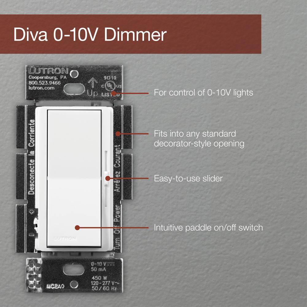 Lutron Diva Dimmer Switch for 0-10V LEDFluorescent Fixtures Single-Pole or 3-Way White (DVSTV-453PH-WH) DVSTV-453PH-WH