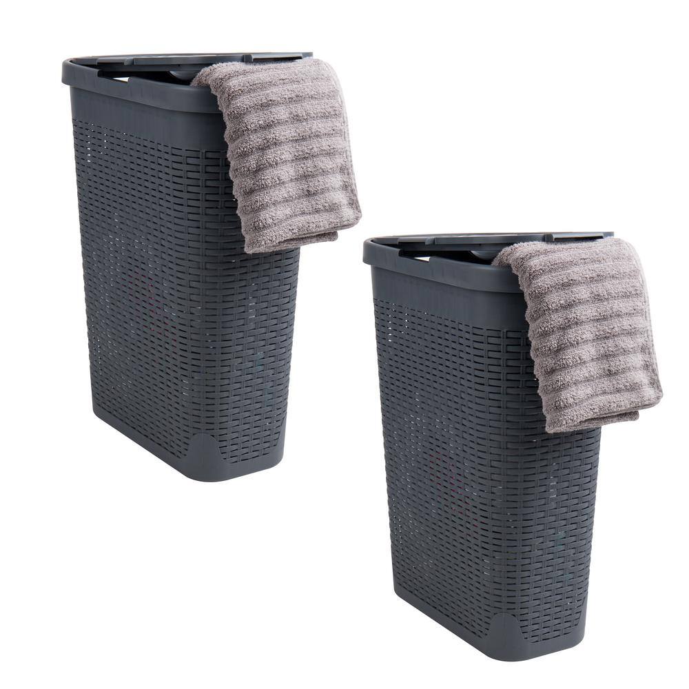 Mind Reader Basket Collection Slim Laundry Hamper 40 Liter Cut Out Handles Attached Hinged Lid Ventilated Set of 2 Gray 40HAMP2PK-GRY