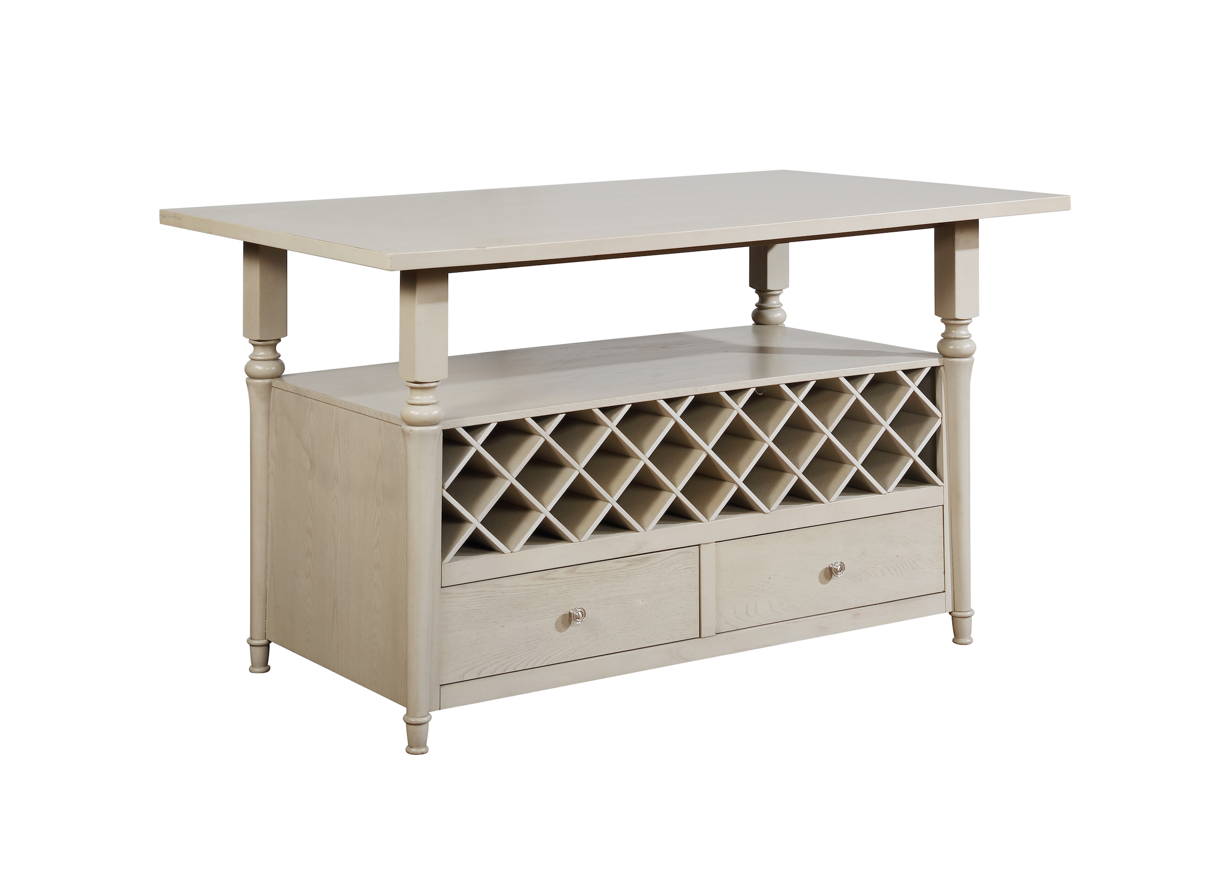 Hayes Farmhouse Kitchen Island Table with 22 Bottle Wine Storage in Cream