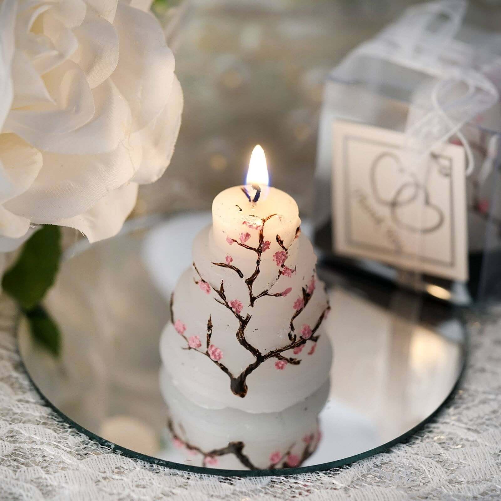 Gift Wrapped Cherry Blossom Wedding Cake Candle Party Favors With Thank You Tag 2