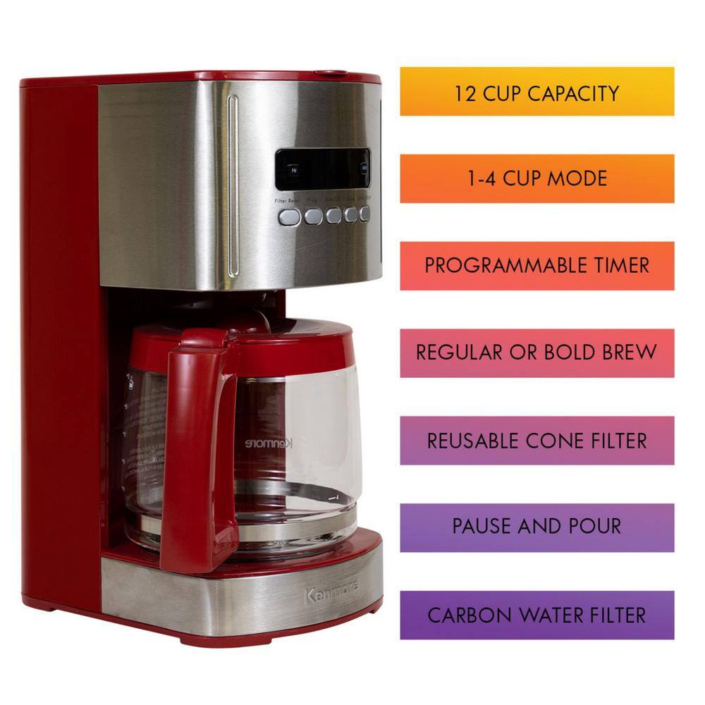 KENMORE Kenmore Aroma Control 12-Cup Programmable Coffee Maker Red and Stainless Steel Reusable Filter KKCM12Red