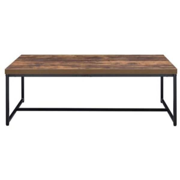 Metal Framed Coffee Table with Wooden Top， Weathered Oak Brown and Black