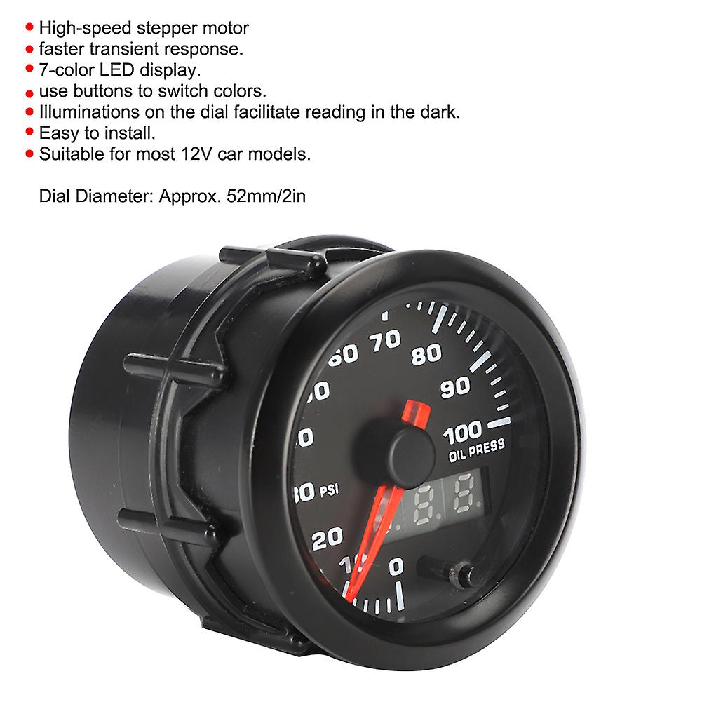 2in 52mm Car Oil Pressure Gauge Pointer 7-colors Digital Led Meter With Sensor