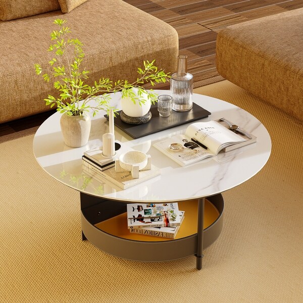 Sintered Stone Round Coffee Table Microfiber Saddle Leather Covered