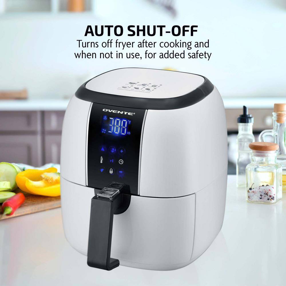 OVENTE 3.2 Qt. White Air Fryer Grill Pan and Non-Stick Frying Basket Auto Shut-Off 6 Cooking Presets Touch Sensor FAD61302W