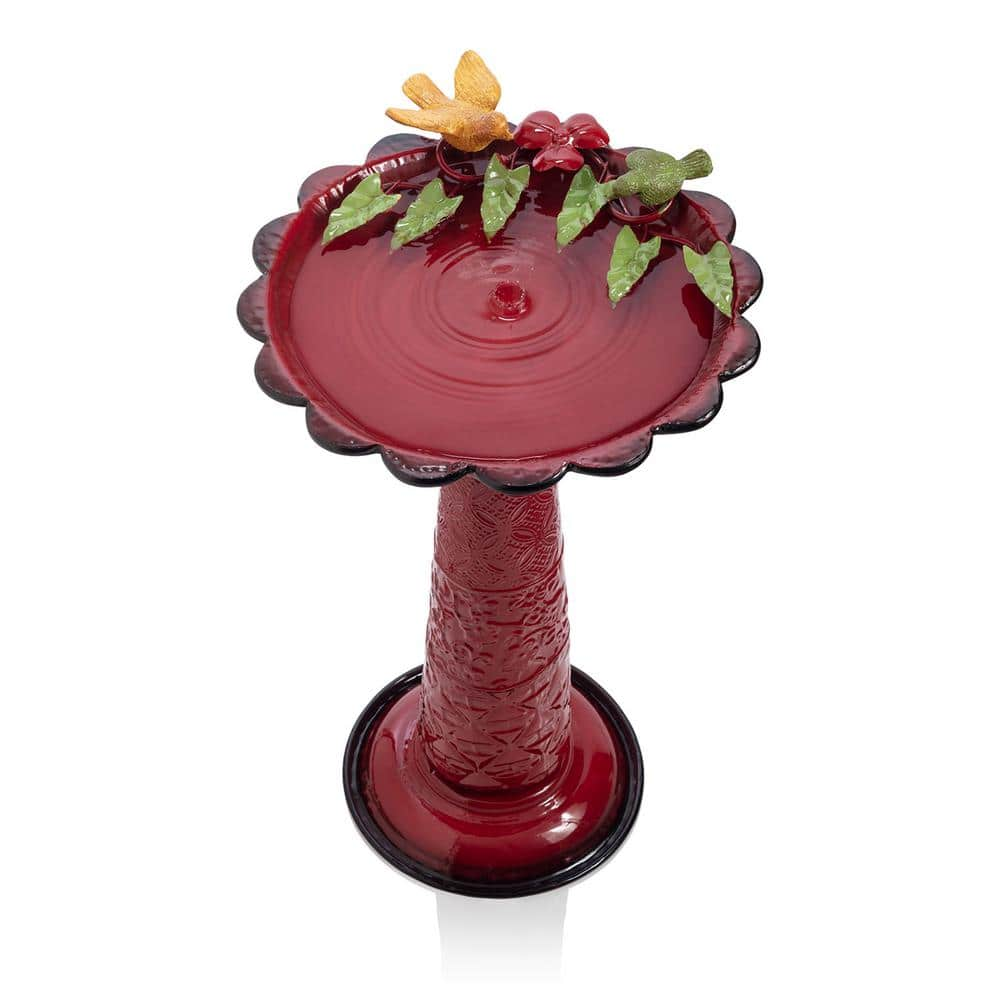 Alpine Corporation 28 in. Tall Outdoor Metal Birdbath with Birds and Leaves Yard Statue Decoration， Red ORS112RD