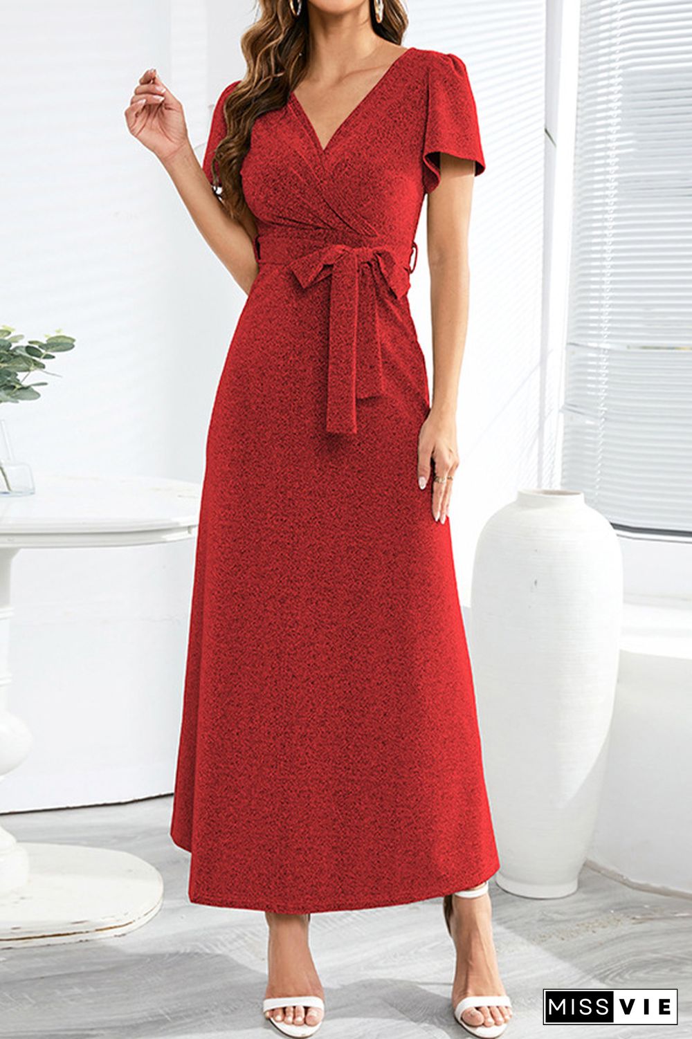 V Neck Wrap Short Sleeves Evening Dress