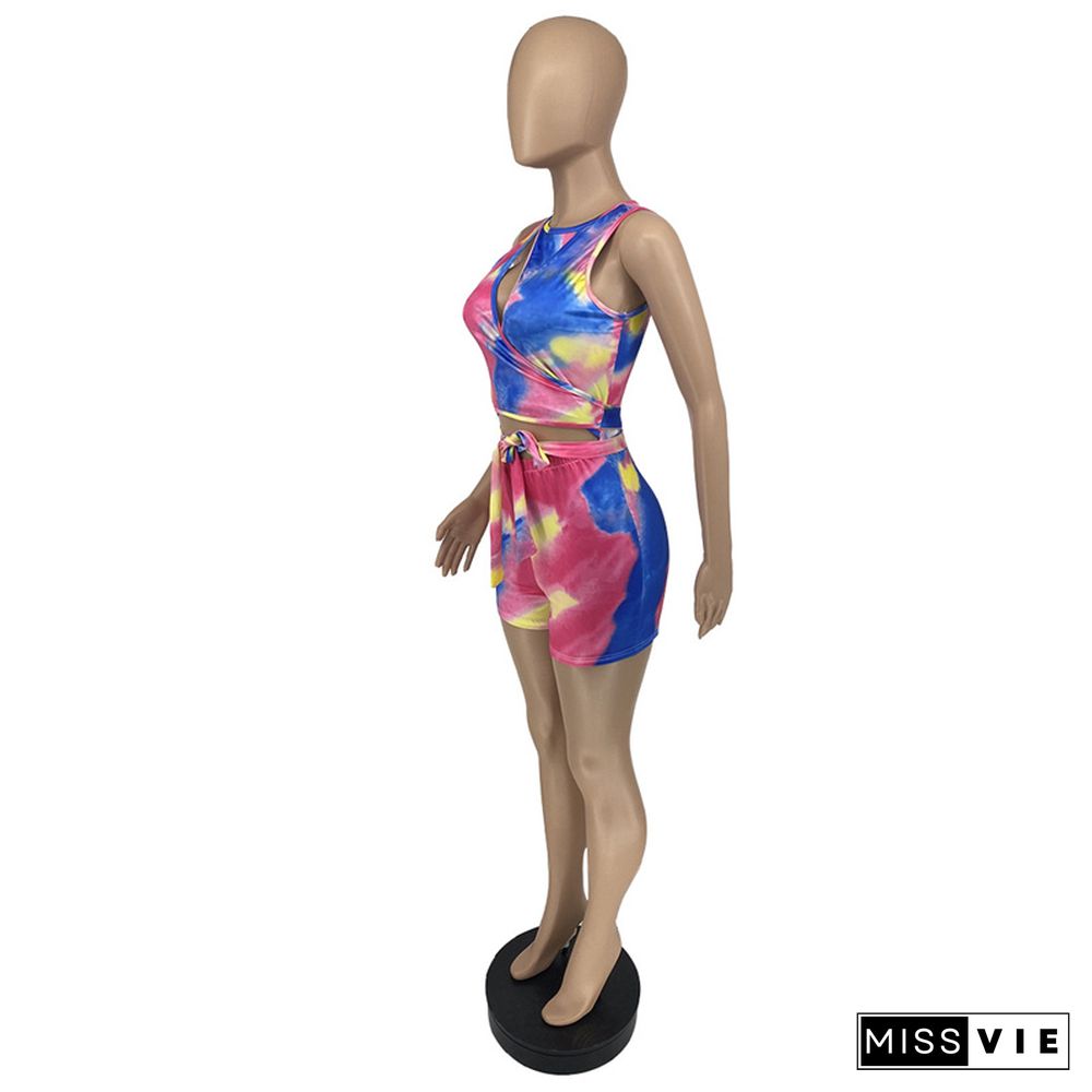 Tie Dye Printed Bandage Sleeveless Hole Cut Out Slim Rompers