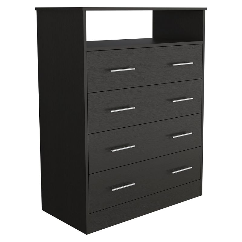 DEPOT E-SHOP Serbian Four Drawer Dresser， Superior Top， One Open Shelf， Black