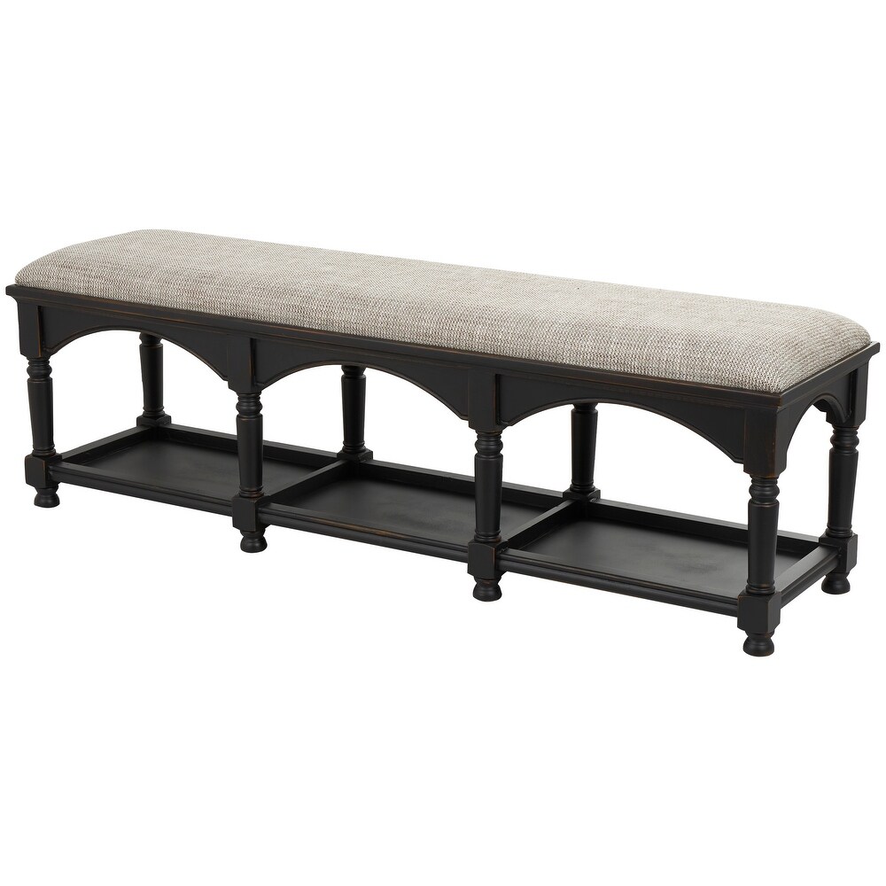 Black Fabric Arched Storage Bench with Traditional Turned Legs and Beige Cushion  59\