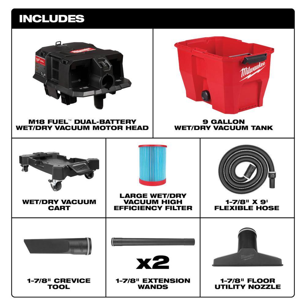 MW M18 FUEL 9 Gal. Cordless Dual-Battery WetDry Shop Vacuum with HE Filter HEPA Filter and (5-Pack) Fleece Dust Bags 0920-20-49-90-1977-49-90-1989